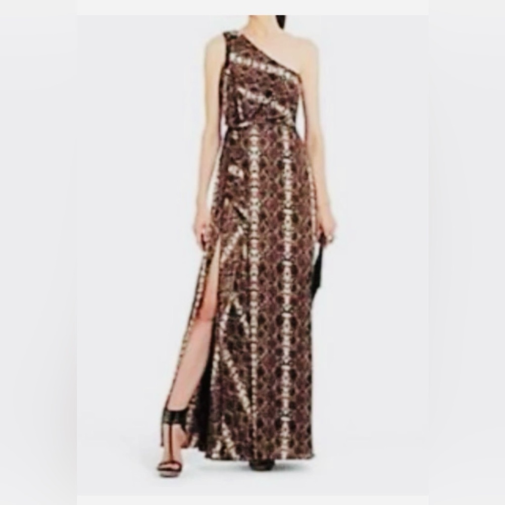 BCBGMaxAzria Kessa One Shoulder Snake Print Maxi Dress NWT